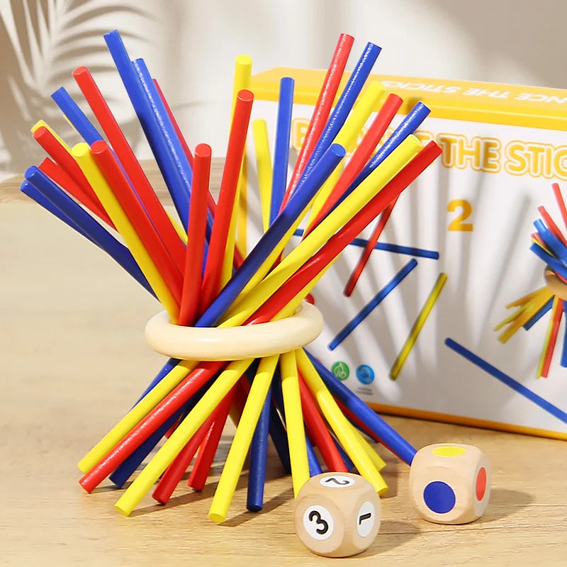 FanzyMarket wooden parent-child stick battle puzzle for kids ages 3-12, two-player spatial thinking game with colorful wooden sticks.