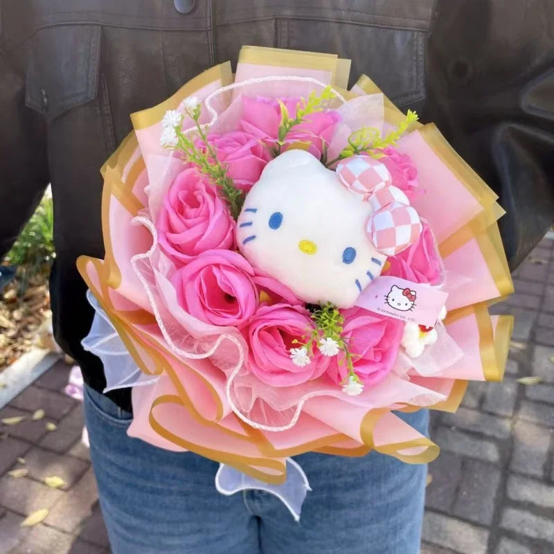 Cute Kawaii Cat plush toy bouquet with artificial flowers from FanzyMarket, perfect as a gift for birthdays, Valentine’s, or graduations.
