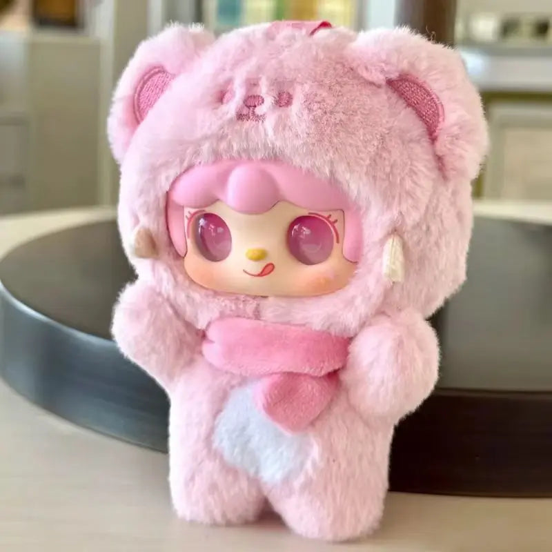 FanzyMarket plush bear blind box keychain featuring a cute mini mystery doll for backpacks and collectible surprise gifts.