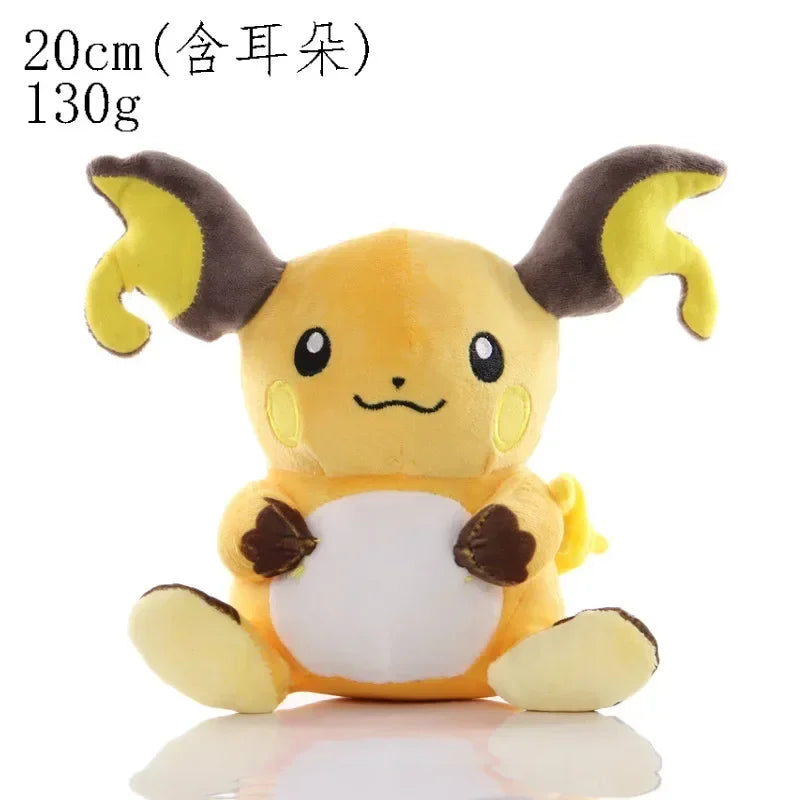 FanzyMarket plush stuffed dolls featuring Pikachu, Charmander, Bulbasaur, Squirtle, Psyduck, Eevee, and Pichu in turquoise, 6-12 inches.
