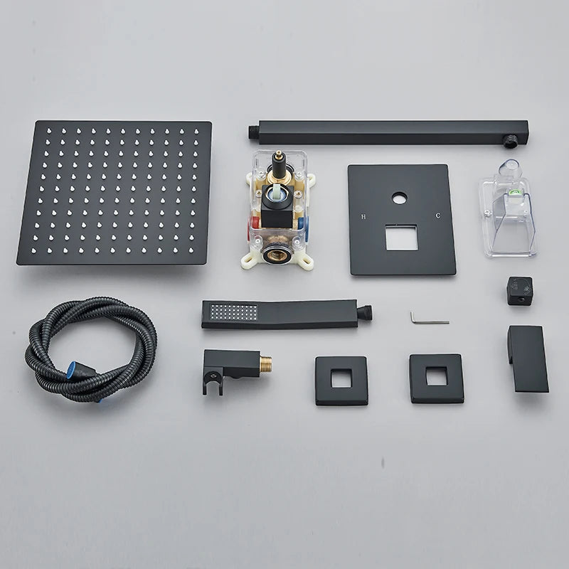 Matte black concealed in-wall rainfall shower system with tub spout and wall-mount mixer faucet for modern bathroom decor.