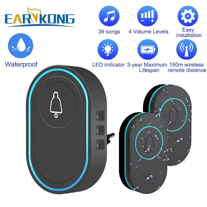FanzyMarket waterproof smart wireless doorbell with long-range 300m remote chime, plug-in options, 39 melodies, suitable for indoor or outdoor use.