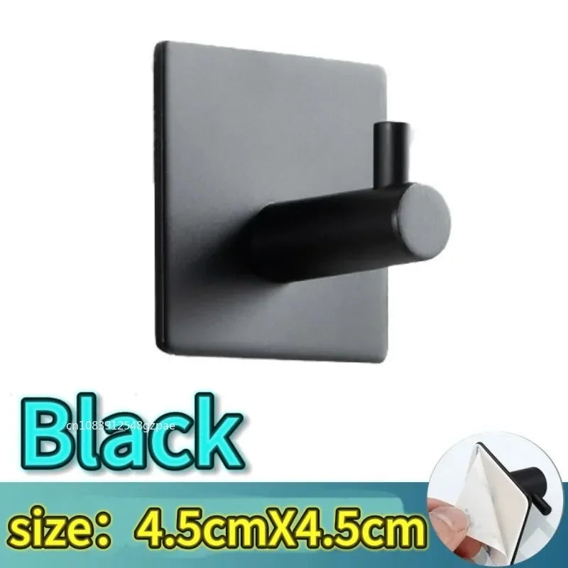 Two black stainless steel strong adhesive wall hooks for coats, robes, or towels, perfect for nail-free mounting.