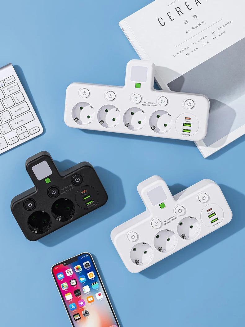 FanzyMarket EU 4-socket wall power adapter with individual switches, 2500W, mountable multi-outlet, black with USB option.