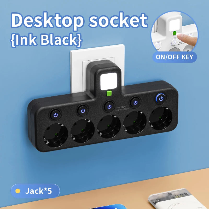 FanzyMarket EU 4-socket wall power adapter with individual switches, 2500W, mountable, black, USB option, no extension cable.