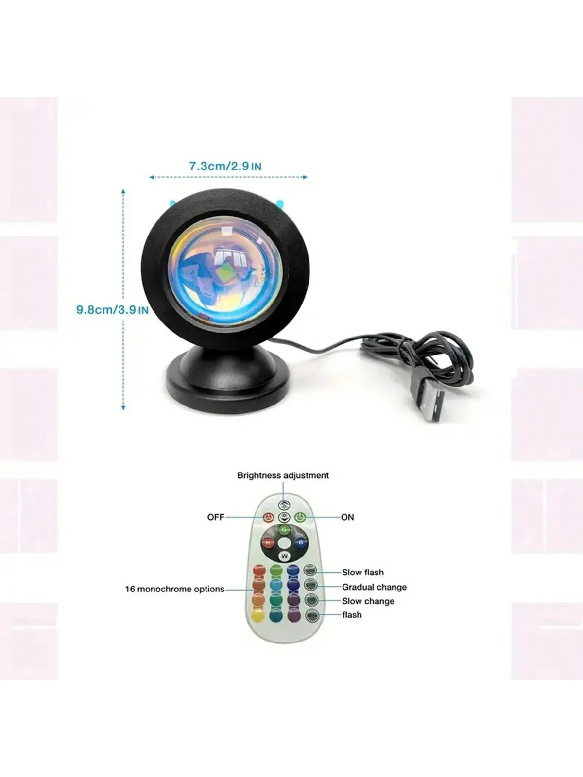 FanzyMarket LED sunset projection lamp with remote, 16-color USB mood light for photography, bedroom, and party ambiance.