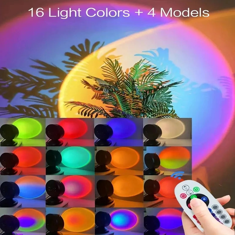 FanzyMarket LED Sunset Projection Lamp with remote, 16-color USB mood light for photography, bedroom, and party ambiance.