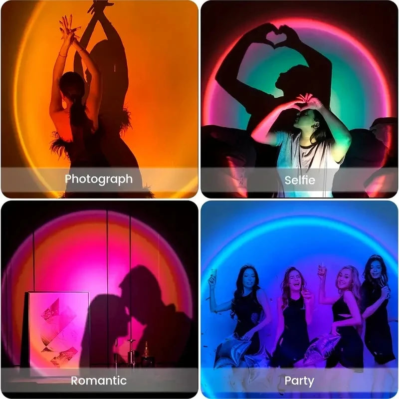 FanzyMarket LED sunset projection lamp with remote, 16-color USB mood light showing vibrant sunset scene for photography, bedroom, or parties.