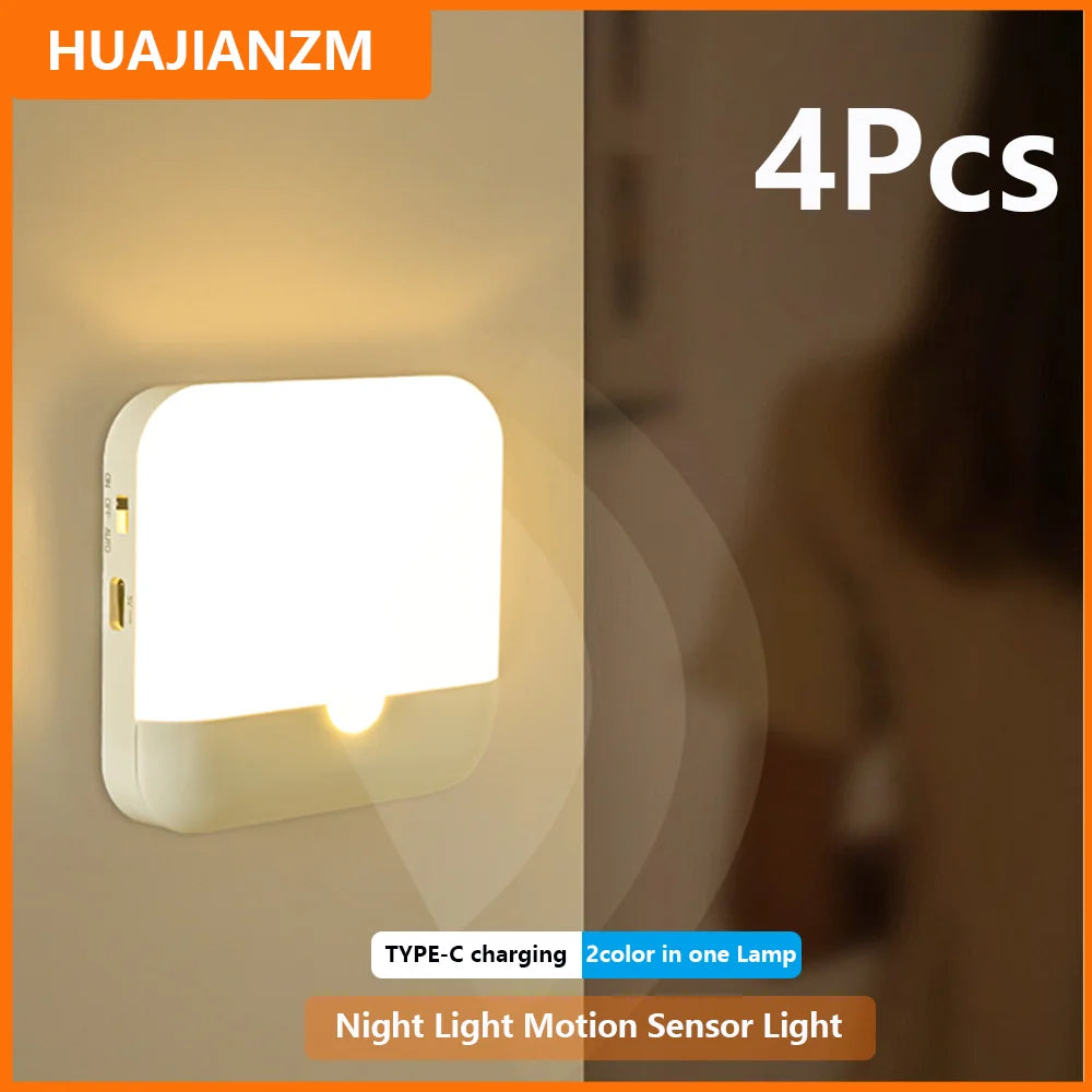FanzyMarket motion sensor LED night light, USB Type-C rechargeable square lamp in cold white, ideal for bedroom, kitchen, or hallway.