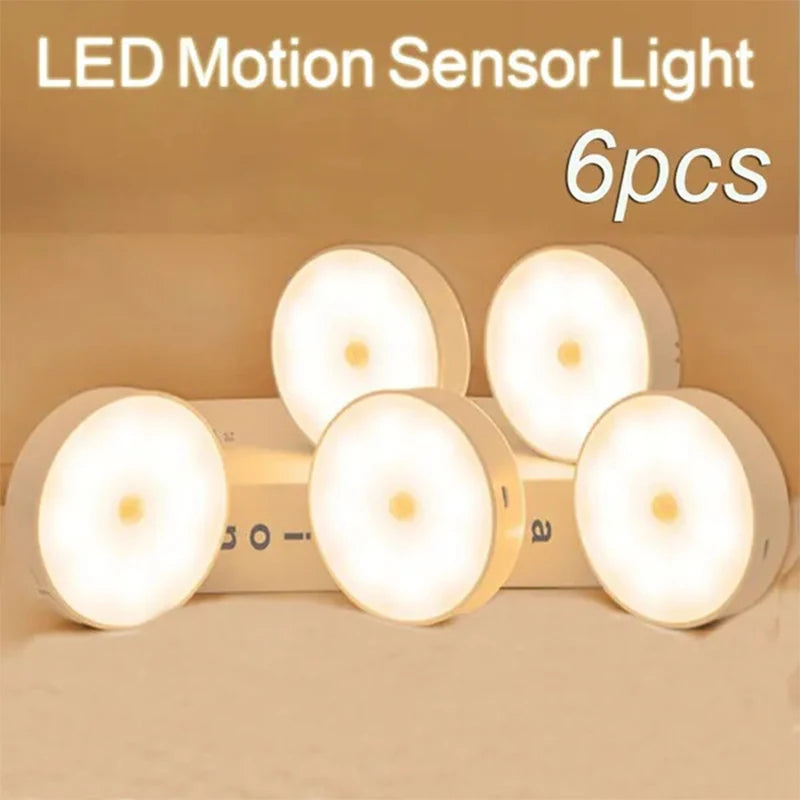 Wireless white LED night lights with PIR motion sensors, rechargeable USB, designed for closets, cabinets, wardrobes, and staircases.