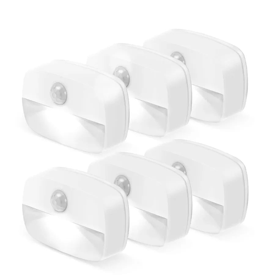 FanzyMarket LED PIR motion sensor night lights for under-cabinet, closet, and stair lighting in cold white, auto on/off.