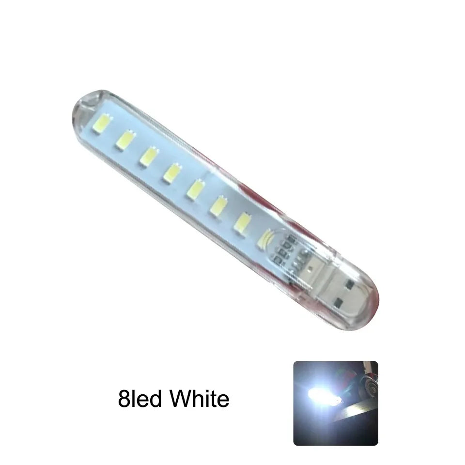 FanzyMarket mini USB LED book light with 8 warm white LEDs, portable, suitable for laptops, power banks, and notebooks.