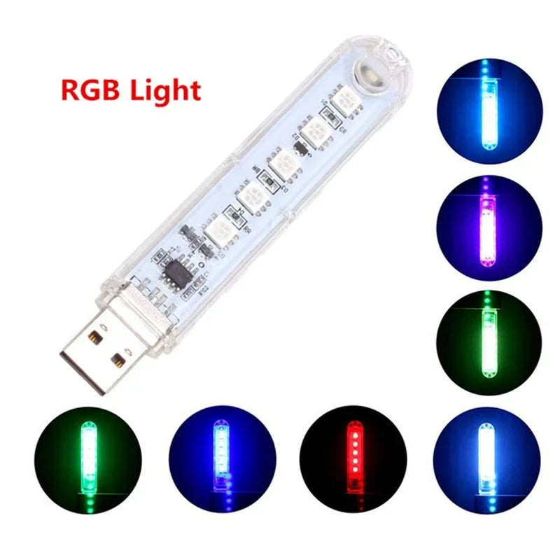 FanzyMarket Mini USB LED Book Light with 8, 24, or 38 ultra-bright RGB LEDs, portable reading lamp for laptops, power banks, and notebooks.