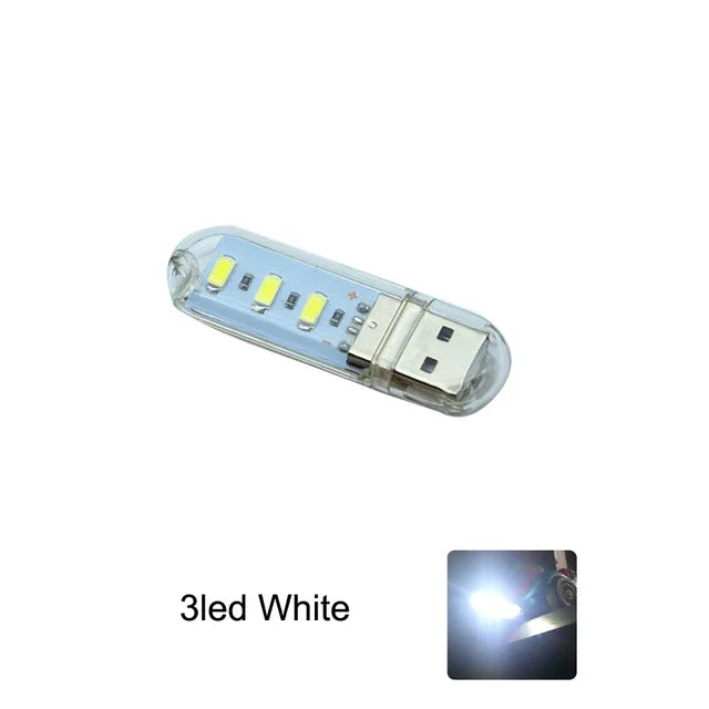 FanzyMarket mini USB LED book light with 8 warm white LEDs, portable RGB reading lamp for laptops, power banks, and notebooks.