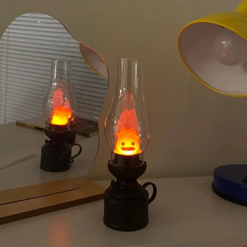 FanzyMarket Calcifer flameless LED night light resembling a retro cartoon kerosene lamp, perfect for decorative bedside lighting.