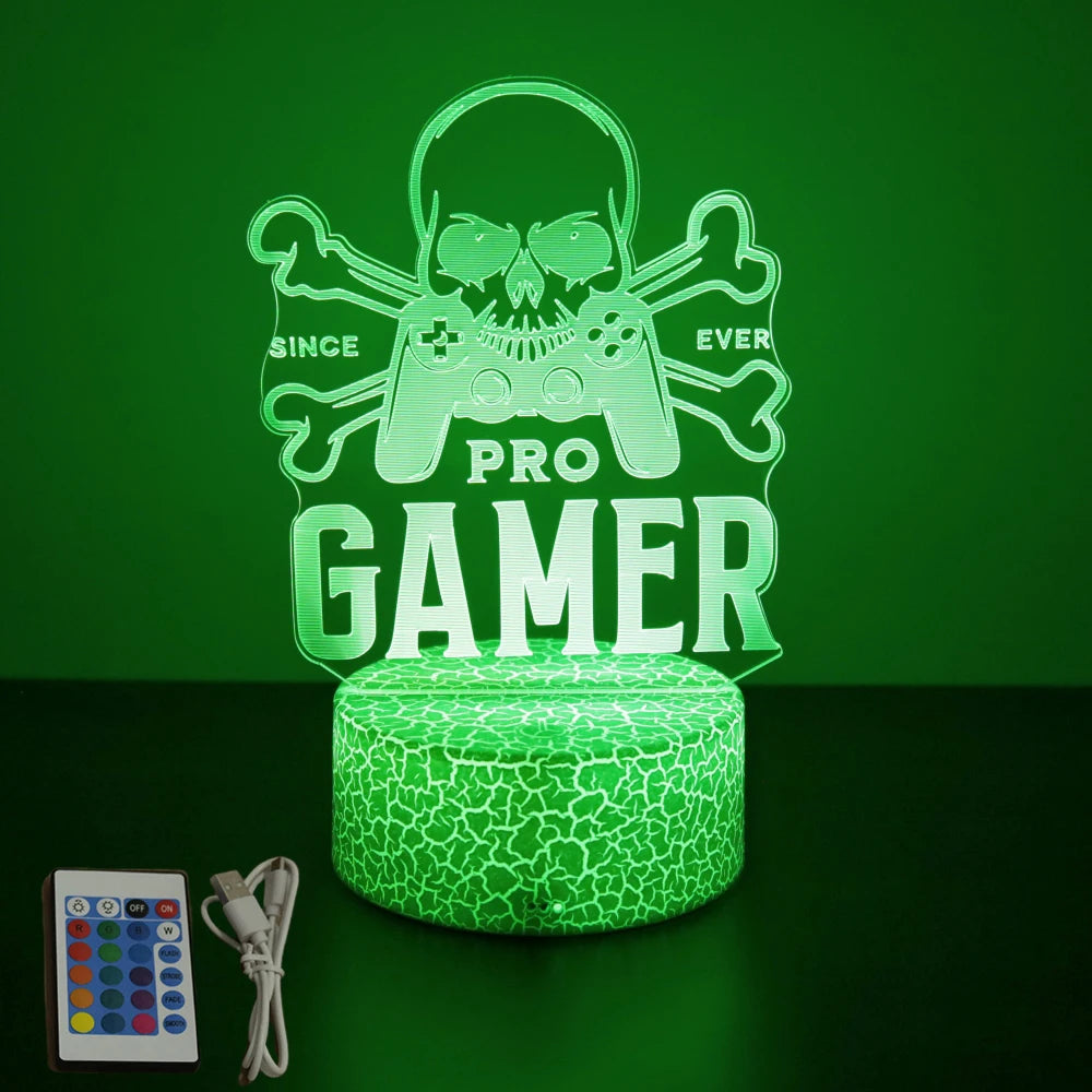 FanzyMarket Neon Gamer 3D LED RGB Night Light illuminated with vibrant colors, designed as a gaming table lamp for kids and bedrooms.