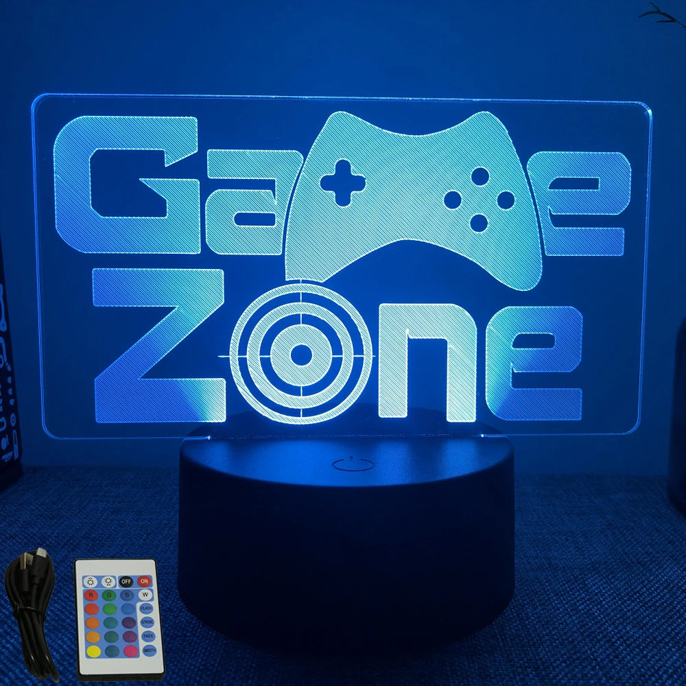 FanzyMarket Neon Gamer 3D LED night light with RGB colors, designed as a gaming table lamp for kids, bedrooms, and gamer rooms.