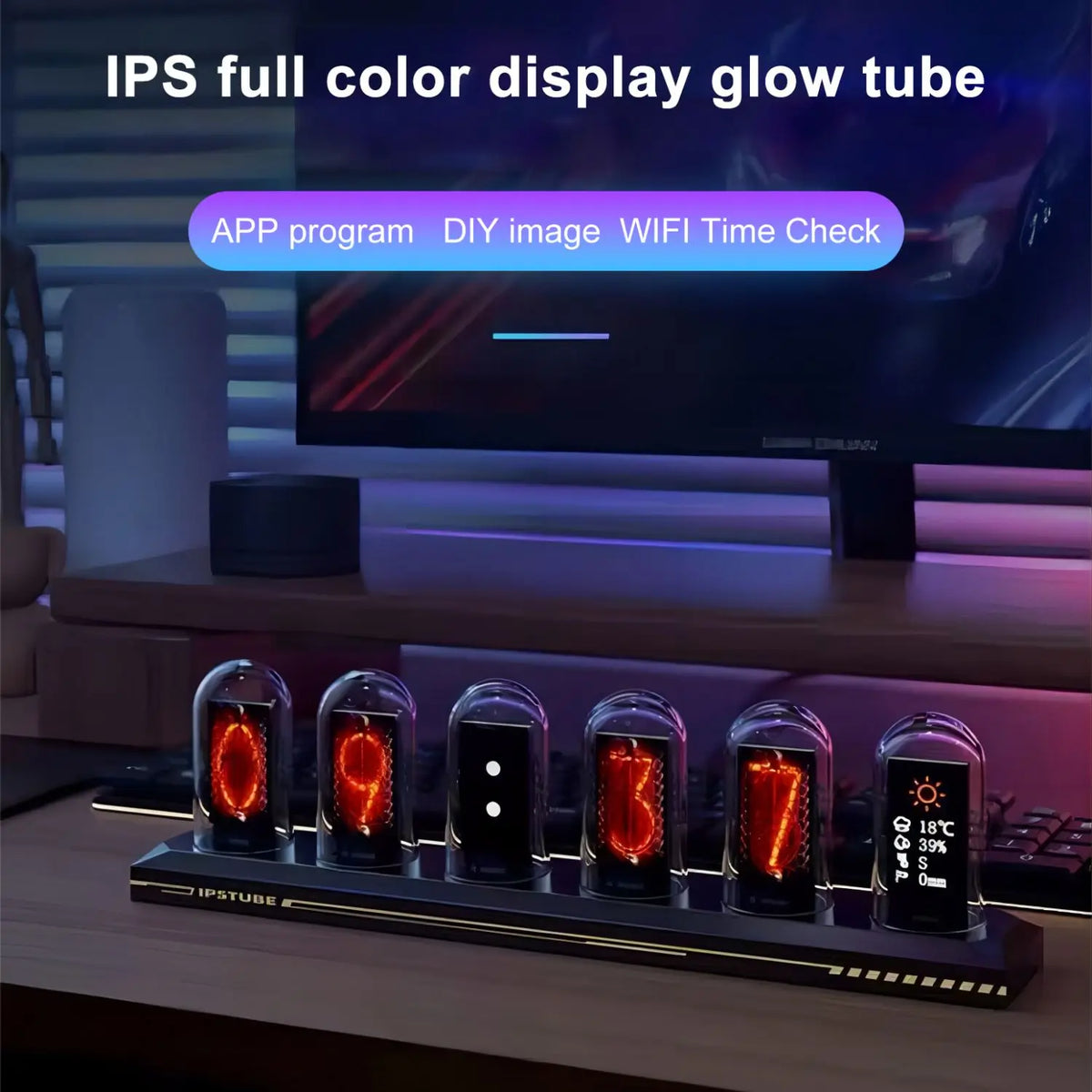 FanzyMarket Glow Tube Clock with 1.14-inch IPS display, RGB smart app-controlled night light and ambient table lamp.