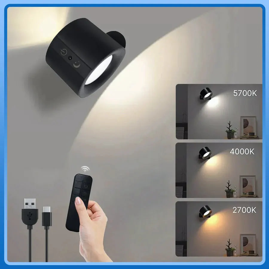 FanzyMarket double-head magnetic LED wall lamp with rechargeable design, 360° rotating spotlight, dimmable function, and wireless remote.