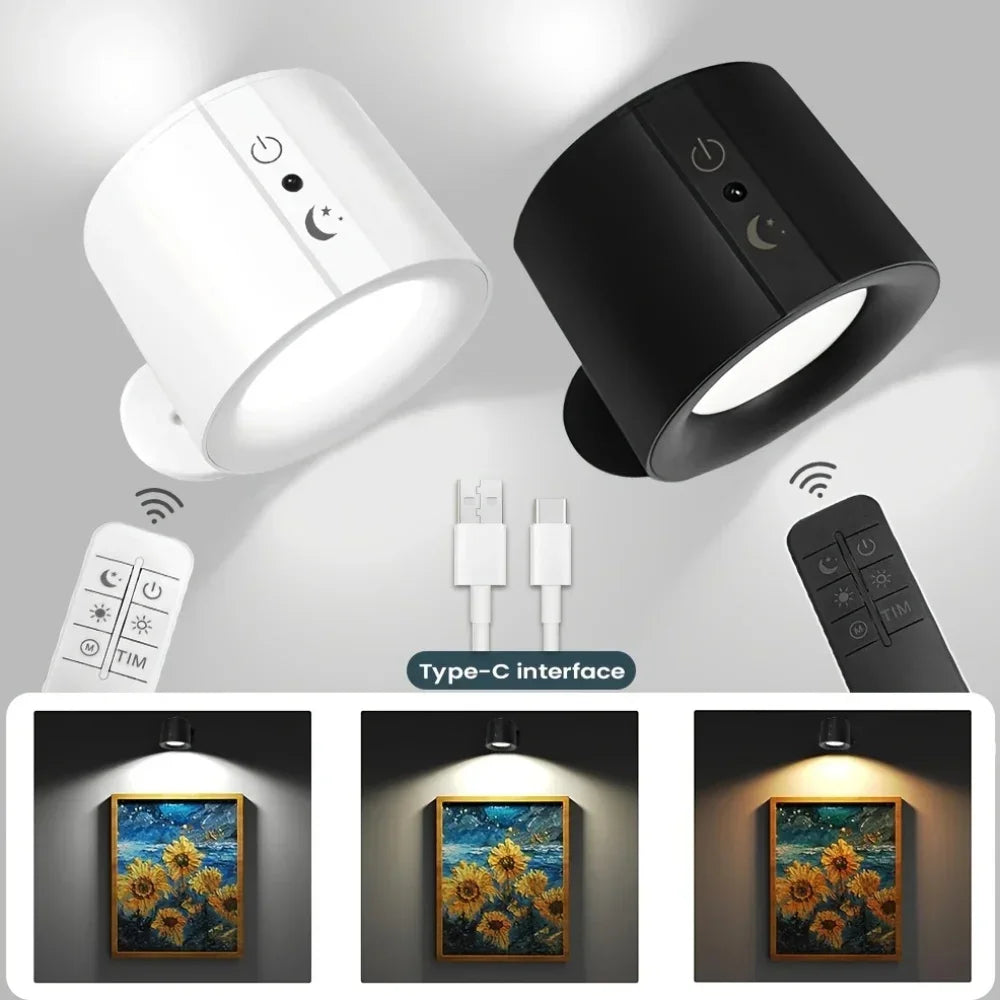 FanzyMarket double-head magnetic LED wall lamp with rechargeable, 360° rotating, dimmable spotlight and wireless remote for bedroom or living room