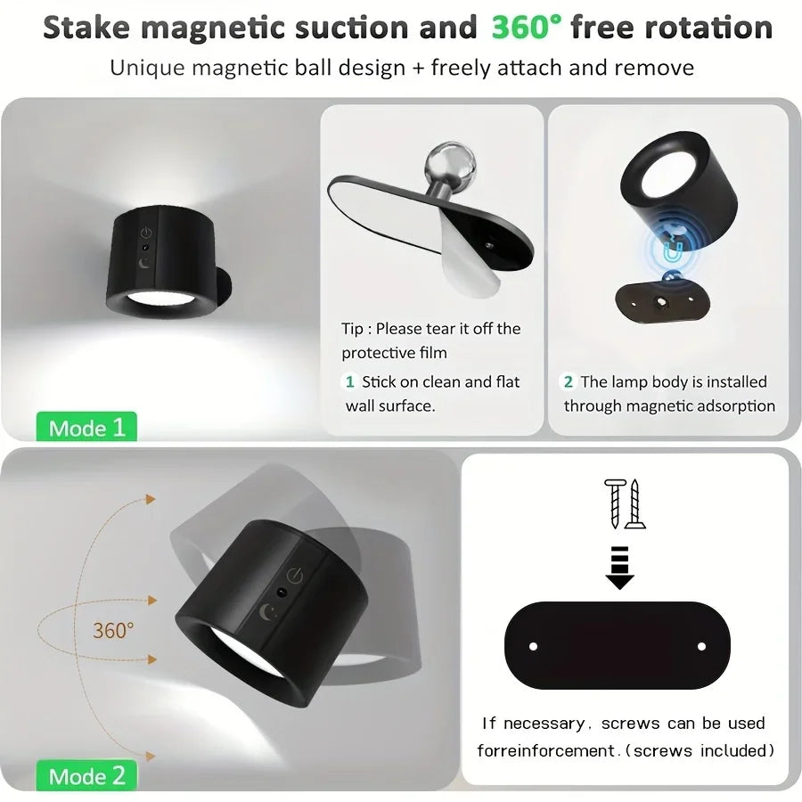 FanzyMarket double-head magnetic LED wall lamp with 360° rotating, dimmable spotlight and wireless remote for bedroom and living room lighting.