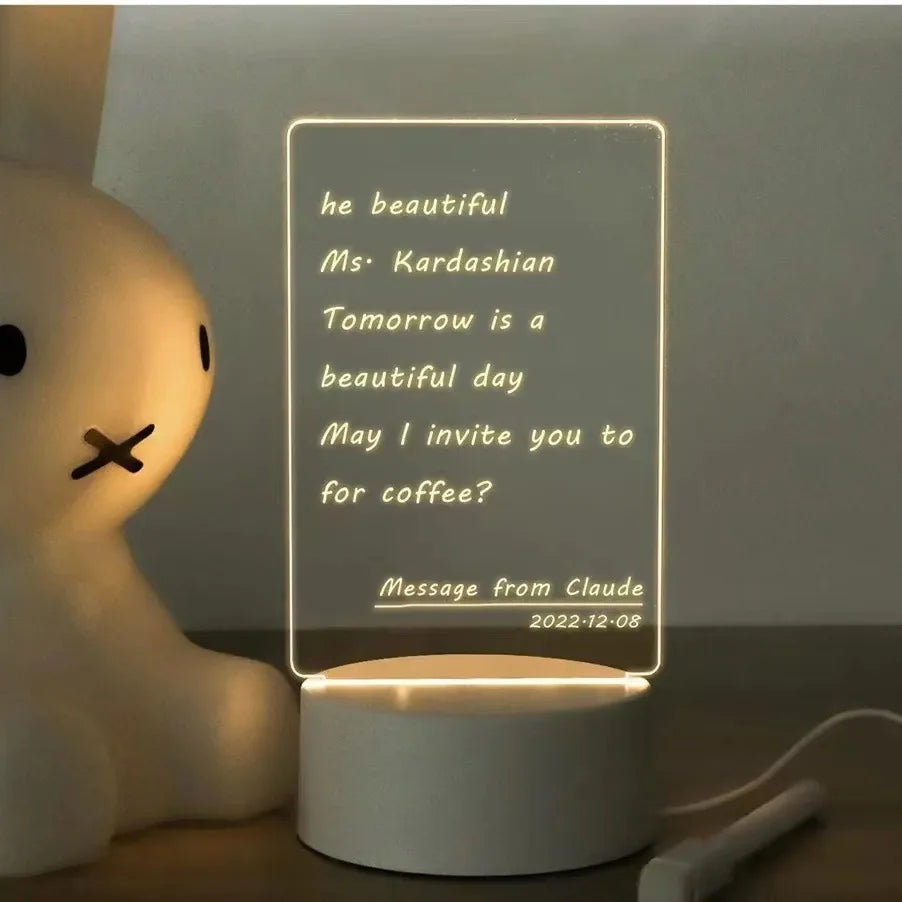 FanzyMarket LED erasable message board night light with acrylic note surface, USB powered, includes pen, ideal for kids and girlfriends.