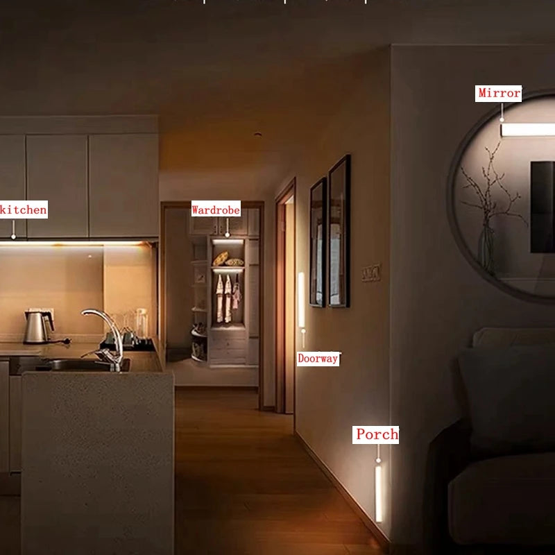 FanzyMarket LED motion sensor night light mounted inside a cabinet, USB-C rechargeable, wireless, ideal for wardrobes and staircases.