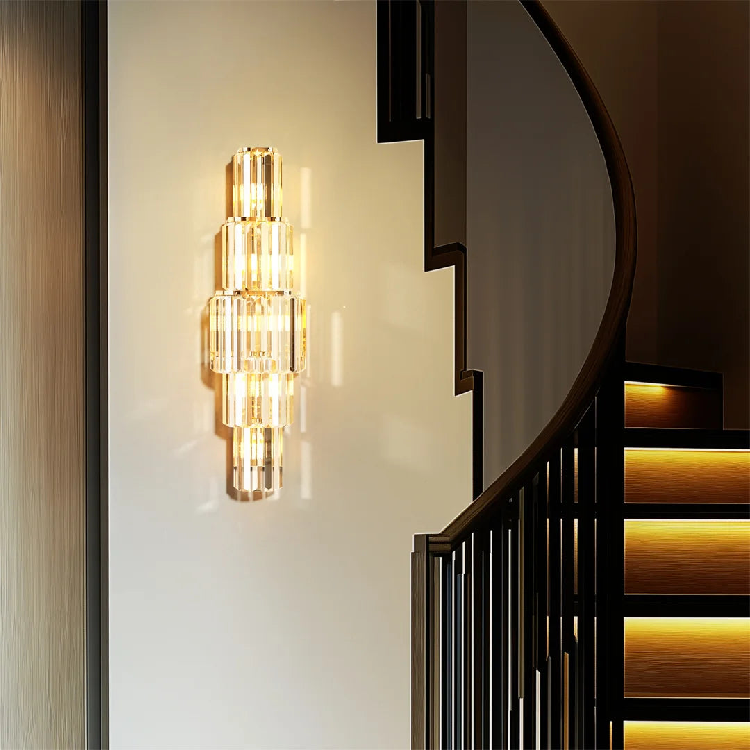 Modern FanzyMarket 3-tier gold crystal wall sconce with dimmable E14 LED bulb, elegant decor lighting for walls.