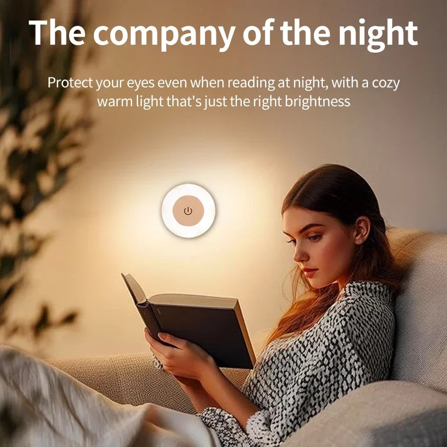 Rechargeable round LED wall lamp by FanzyMarket, dimmable touch control, warm white light for bedroom, closet, and reading areas.
