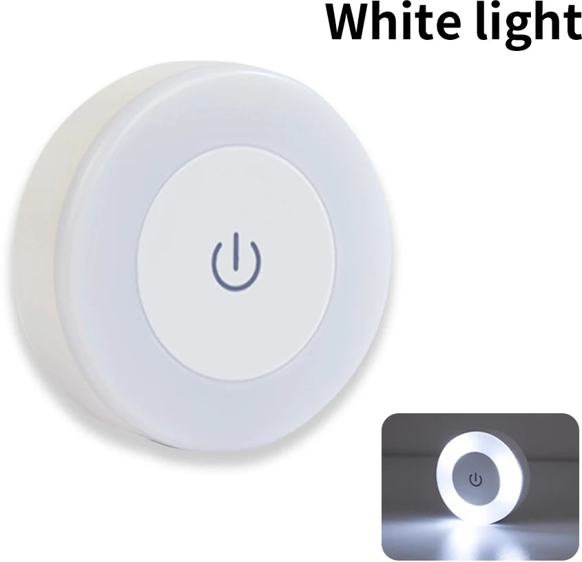Warm white rechargeable round LED touch wall lamp by FanzyMarket, dimmable magnetic night light for bedroom, closet, or reading space.