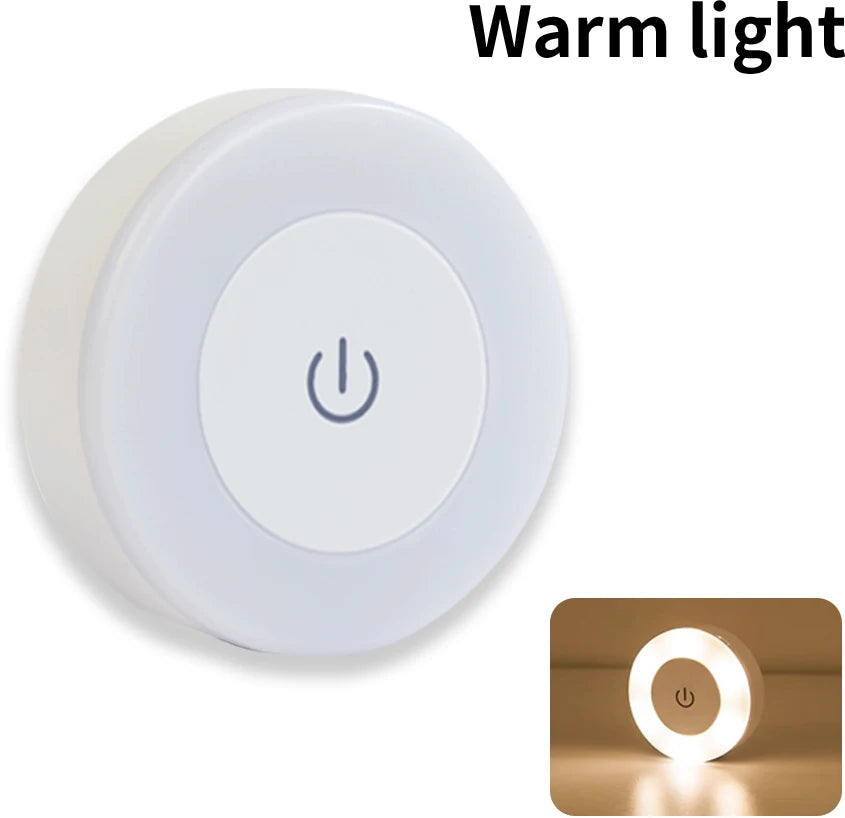 FanzyMarket rechargeable round LED touch wall lamp with warm white light, dimmable, magnetic design for bedroom, closet, or reading space.