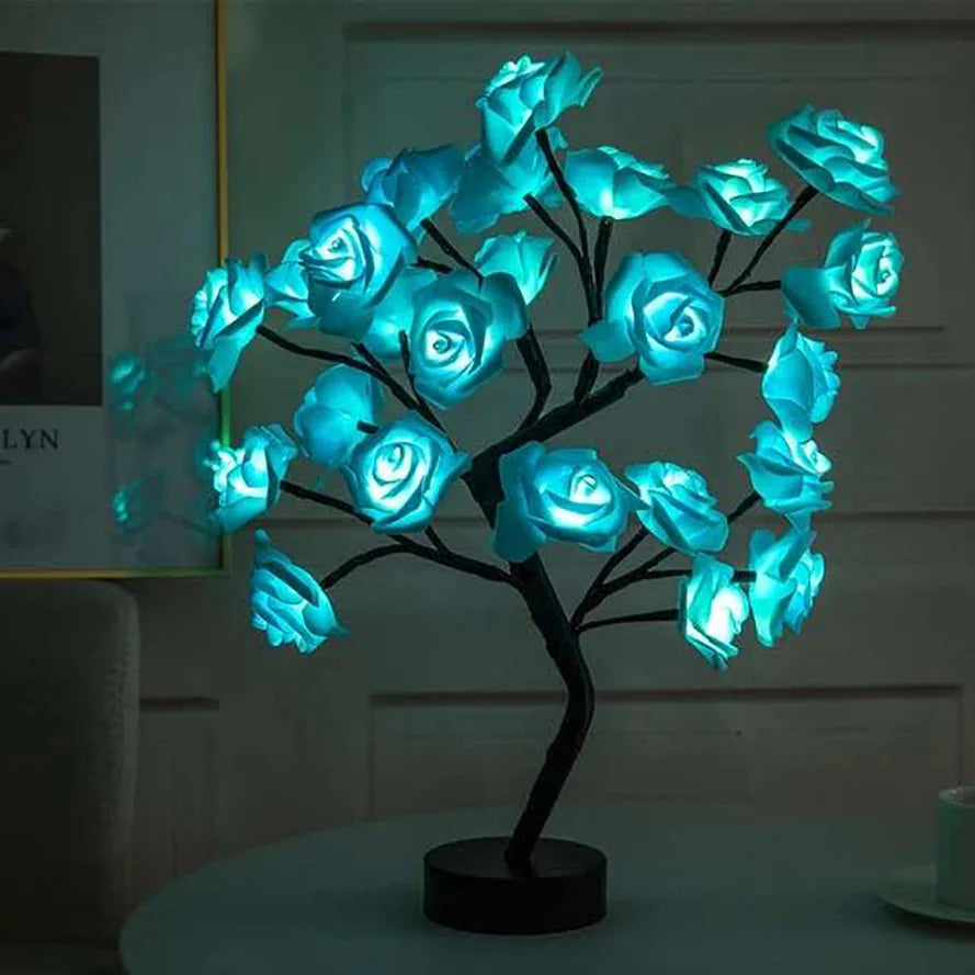 FanzyMarket 24 LED USB pink rose tree table lamp with fairy flower design, ideal for home, wedding, and bedroom decor.