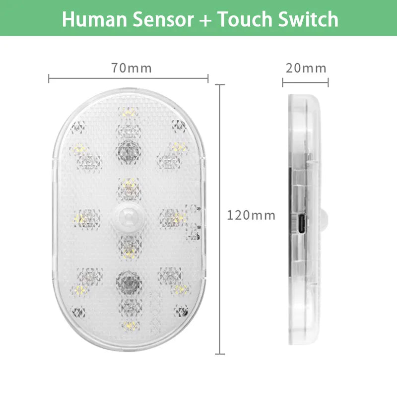 FanzyMarket wireless motion sensor LED night light with touch switch, USB rechargeable, ideal for car trunk, closet, and cabinet lighting.