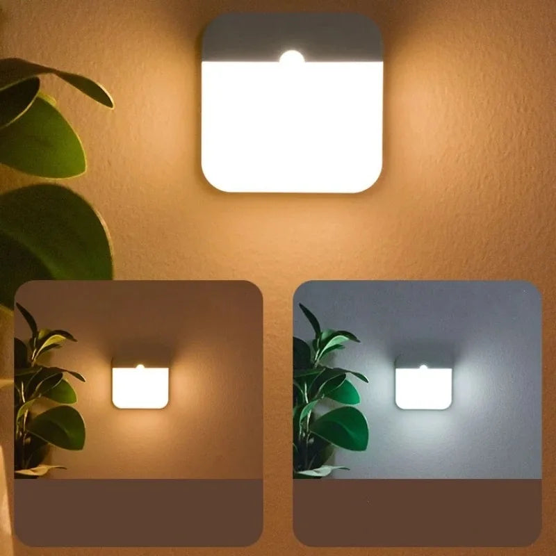 FanzyMarket motion sensor LED night light, USB rechargeable square lamp with warm 3000K light for bedroom, kitchen, and hallways.