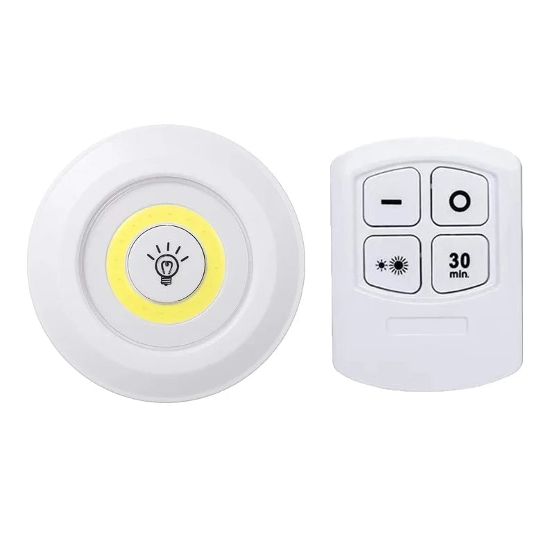 FanzyMarket dimmable battery-operated LED under-cabinet light with remote, warm white illumination for closet, wardrobe, or bathroom.