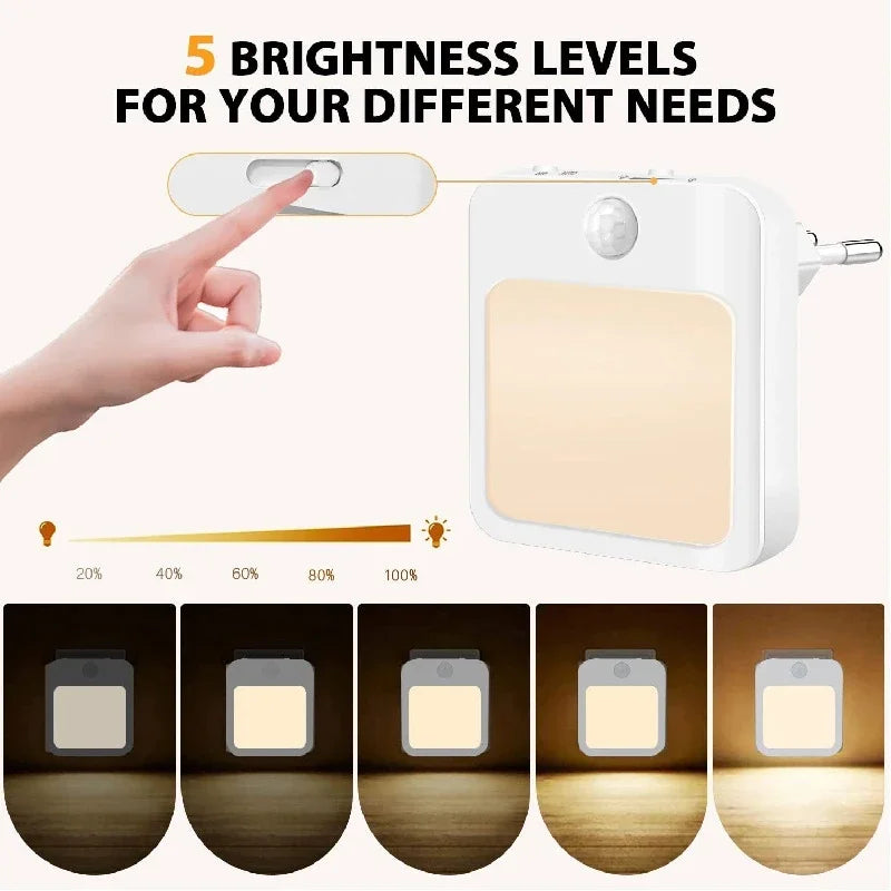 FanzyMarket motion sensor LED night light with EU plug, warm white light, ideal for bedside or kids' night lighting.
