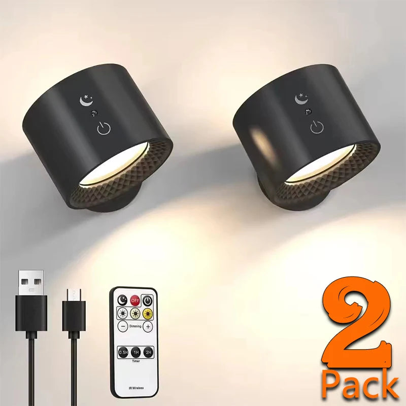 LED double-head wall lamp with touch and remote control, 360° rotatable heads, USB rechargeable, and dimmable color