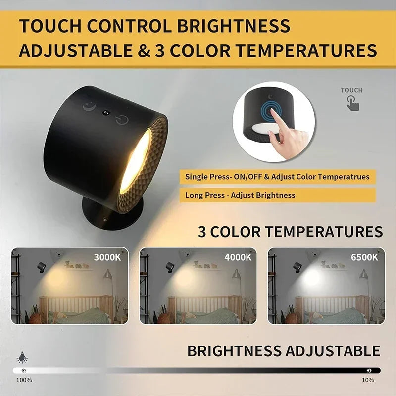 Touch & Remote Control, 360° Rotatable USB Rechargeable Wireless Night & Reading Light