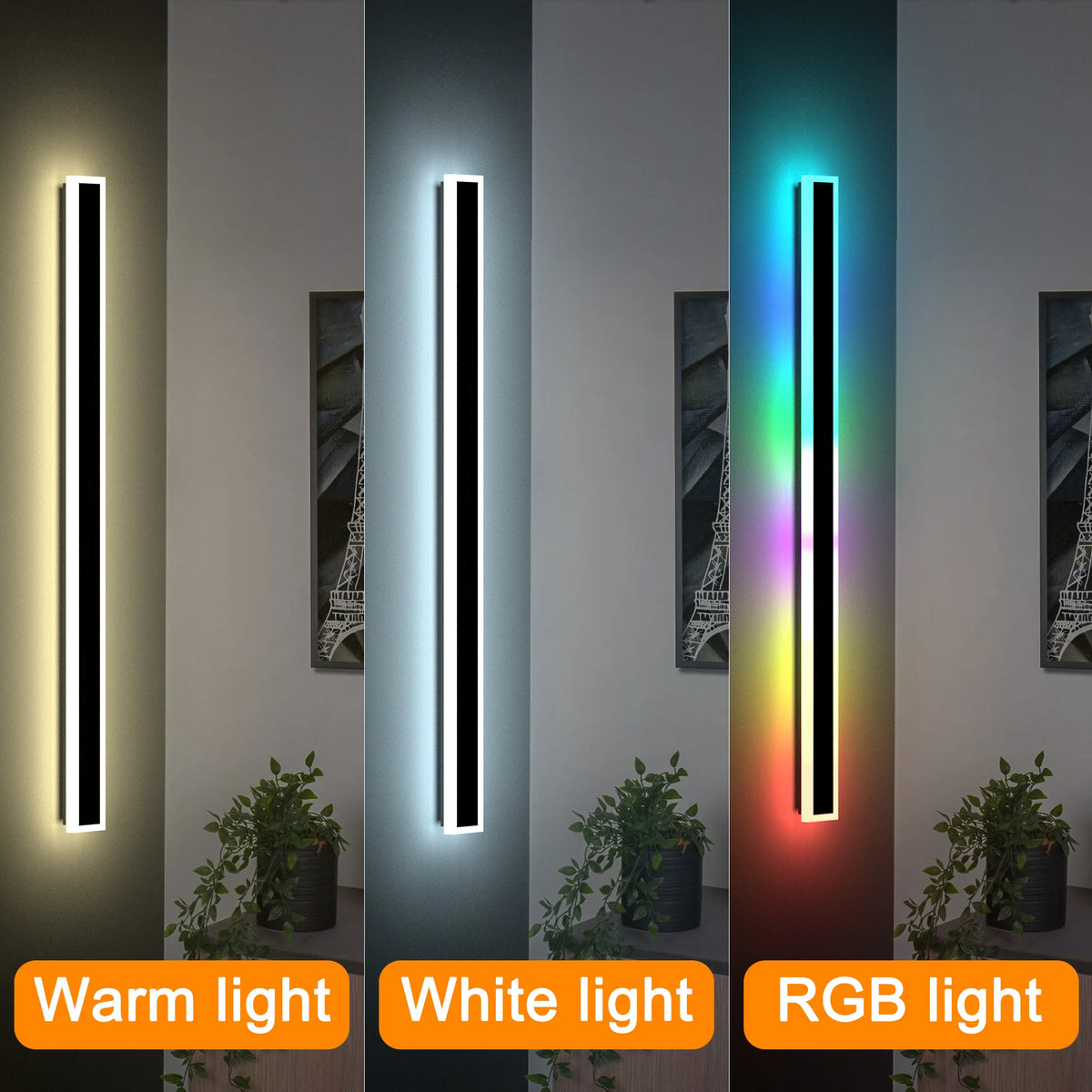 Pair of black modern LED wall sconces with up and down lighting, 39-59 inch length, for contemporary home decor.