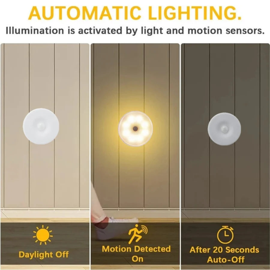 FanzyMarket USB rechargeable motion sensor LED night light with warm and cold white options, ideal for closets, stairs, and under-cabinet lighting.