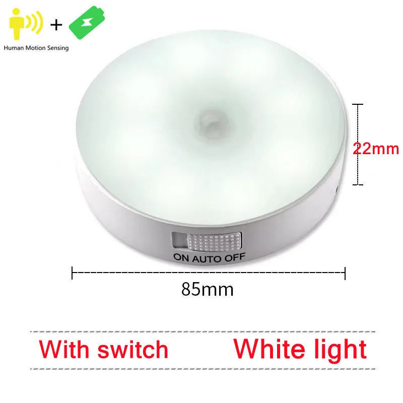 FanzyMarket USB rechargeable motion sensor LED night light with warm and cold white options, suitable for closets, stairs, and under-cabinet use.