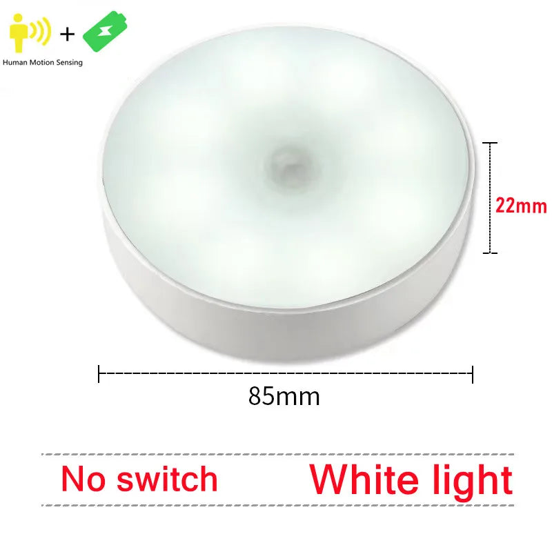 FanzyMarket USB rechargeable motion sensor LED night light emitting warm and cold white light for closets, stairs, or under-cabinet areas.