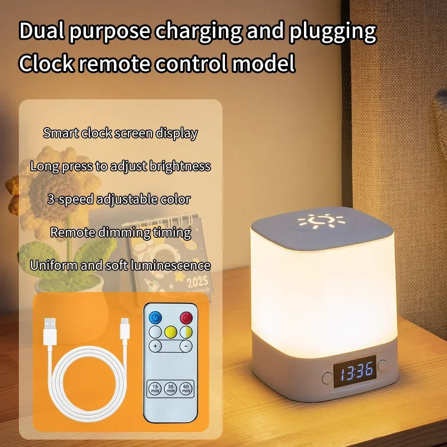 FanzyMarket rechargeable LED night light with clock display, USB bedside lamp, touch control, remote, adjustable brightness, for nursery and reading.