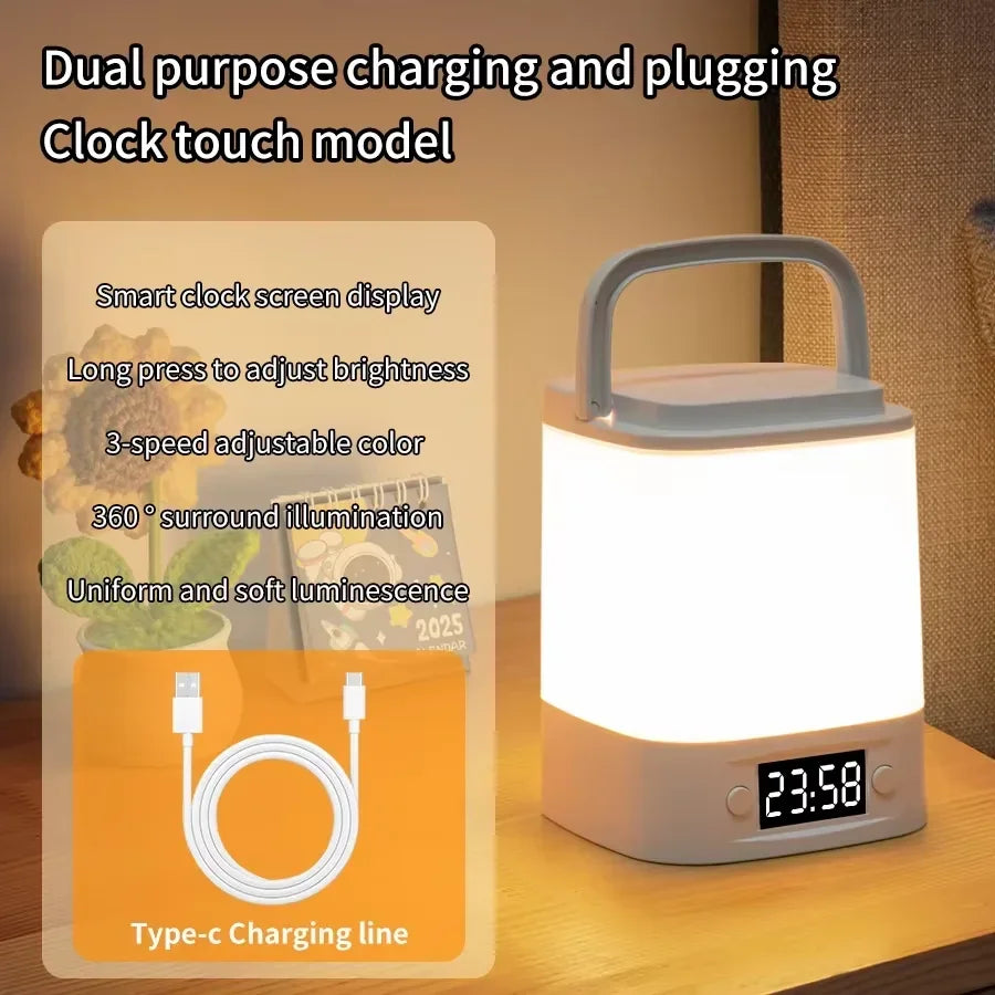 FanzyMarket rechargeable LED night light with clock display, touch and remote control, adjustable brightness and color for nursery and reading.
