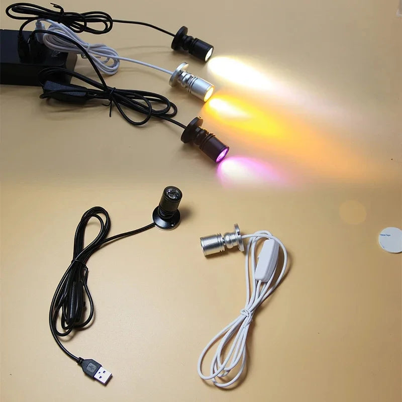 FanzyMarket 3W USB LED mini spotlight with surface mount, rotatable design, warm white and RGB for cabinet and jewelry display lighting.