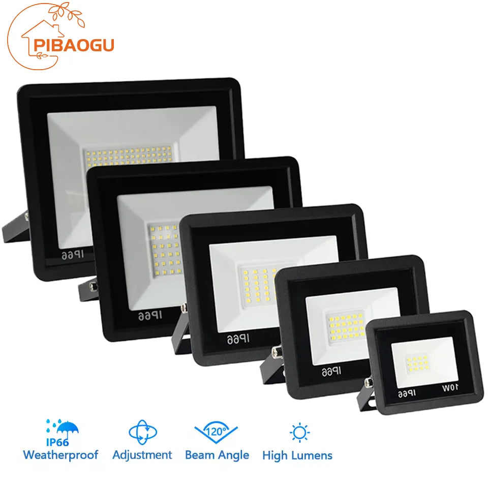LED flood light with an aluminum fixture, designed for outdoor use, IP66 waterproof rating, available in multiple wattages.