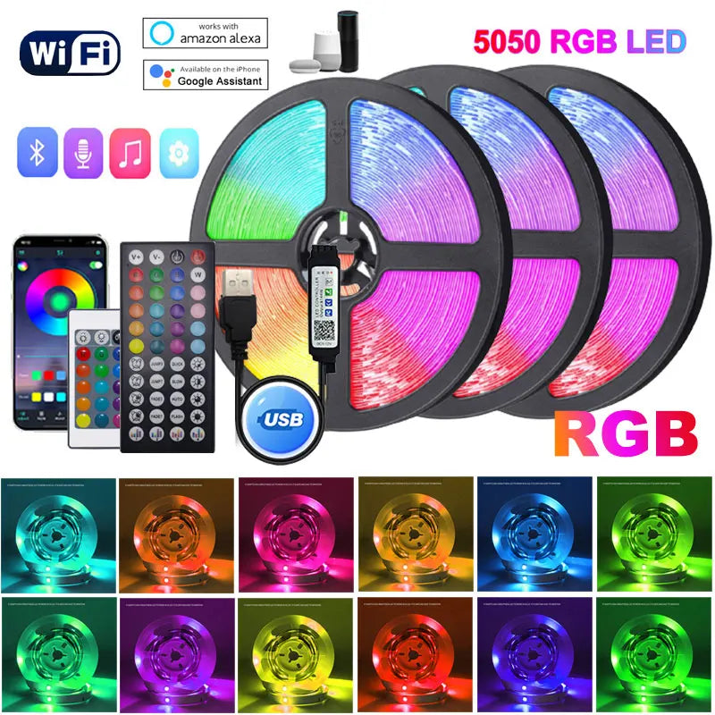 FanzyMarket 5050 RGB LED strip light with WiFi and Bluetooth, 5V USB, suitable for TV, bedroom, and kitchen decor, 2 or 5 meters.