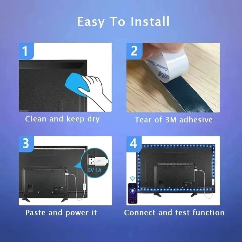FanzyMarket 5050 RGB LED Strip Light with USB, WiFi, and Bluetooth, showing 2-meter waterproof LED tape for home decor.