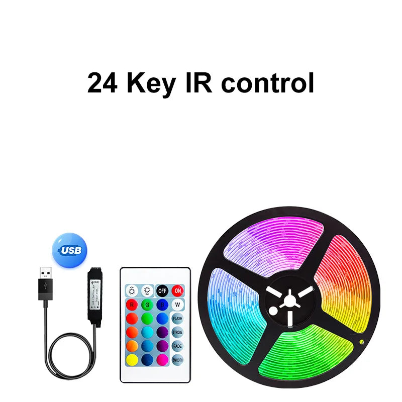 FanzyMarket 5050 RGB LED strip light with USB, smart WiFi and Bluetooth, 2-meter section showing colorful LED tape for TV and room decor