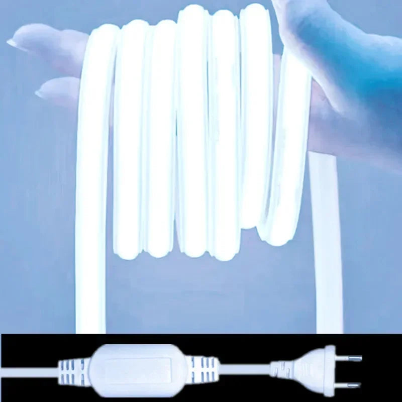 FanzyMarket 220V COB LED strip light with 288 LEDs/m, waterproof IP65, 8.64W/m, 1 meter, in warm, neutral, or cool white.